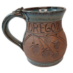 Oregon Pottery Mug Tankard Brown Blue Glaze Chestnuts Leaves Signed Wynne